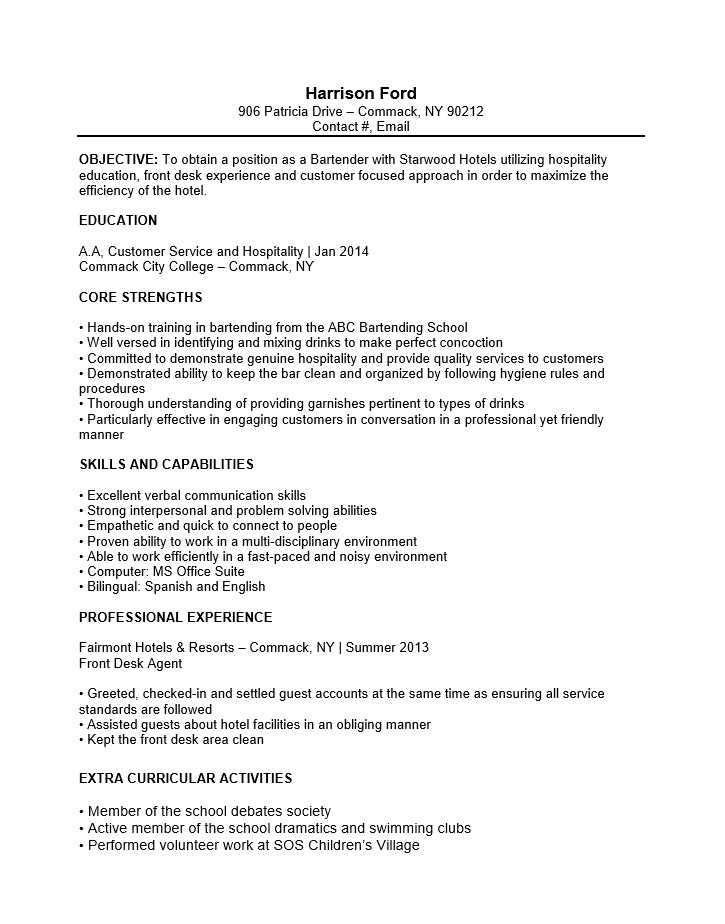 Sample Bartending Resume with No Experience Sample Bartending Resume with No Experience