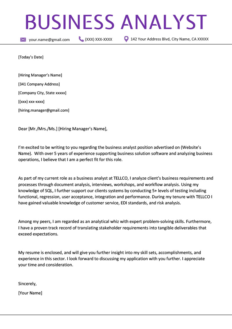 Sample Business Cover Letter for Resume Business Analyst Cover Letter Example & Writing Tips