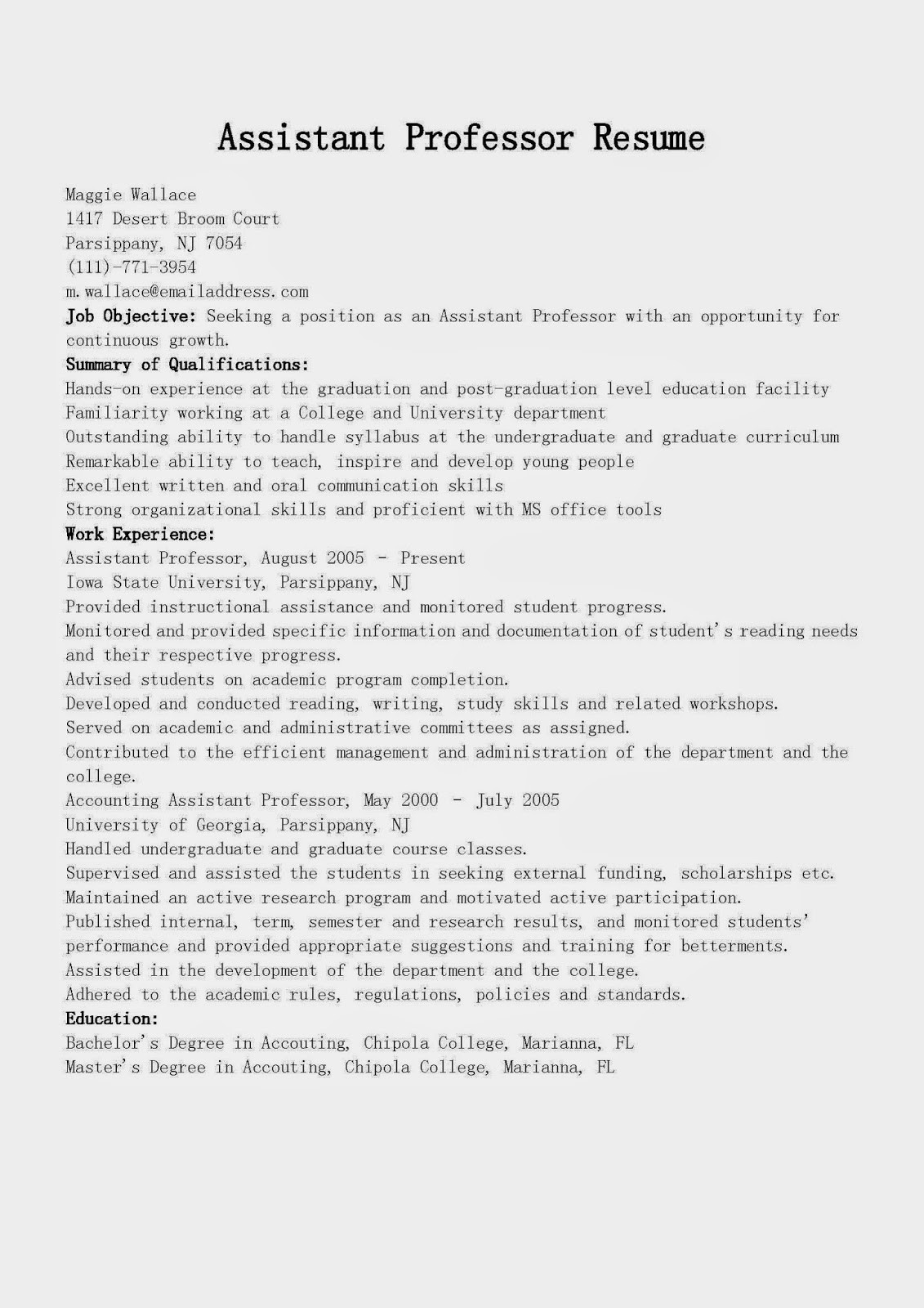 Sample Career Objective for assistant Professor Resume Resume Samples assistant Professor Resume Sample