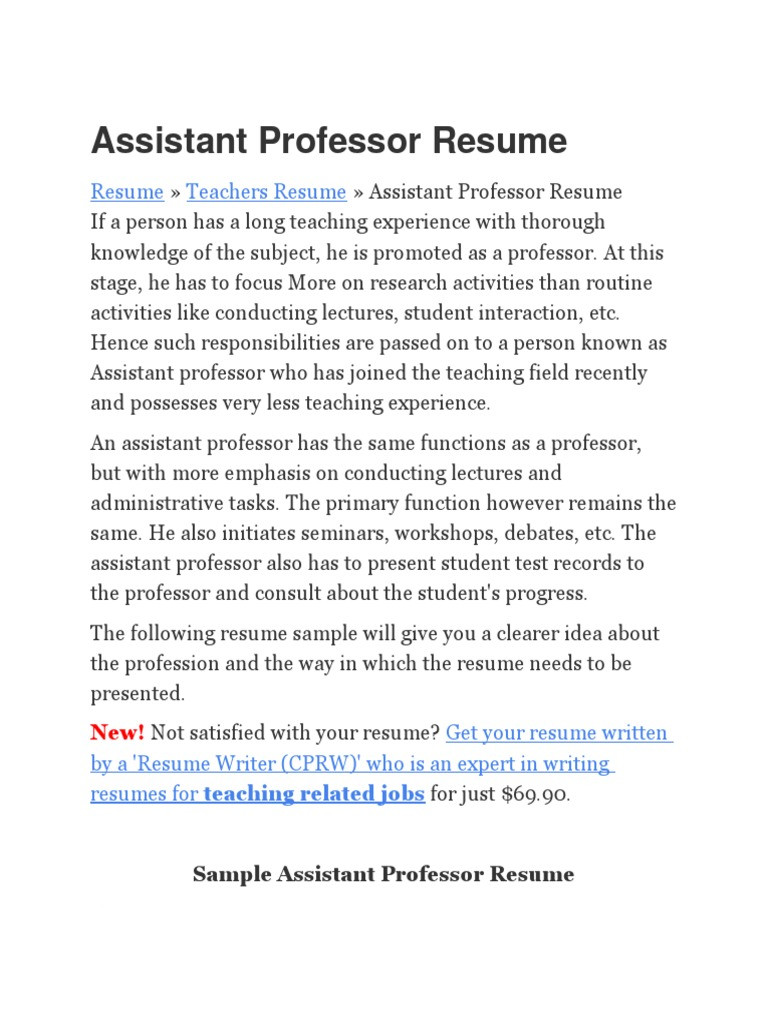 Sample Career Objective for assistant Professor Resume Sample Education assistant Professor Resume