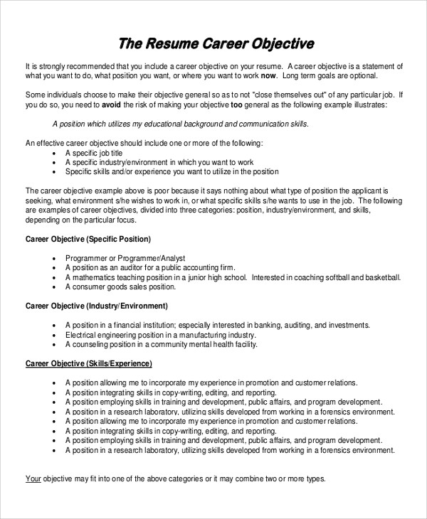 Sample Career Objectives Examples for Resumes Free 6 Sample Resume Objective Templates In Ms Word