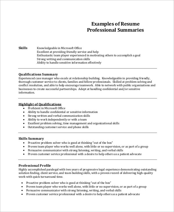 Sample Of Personal Summary In Resume Free 8 Resume Summary Templates In Pdf