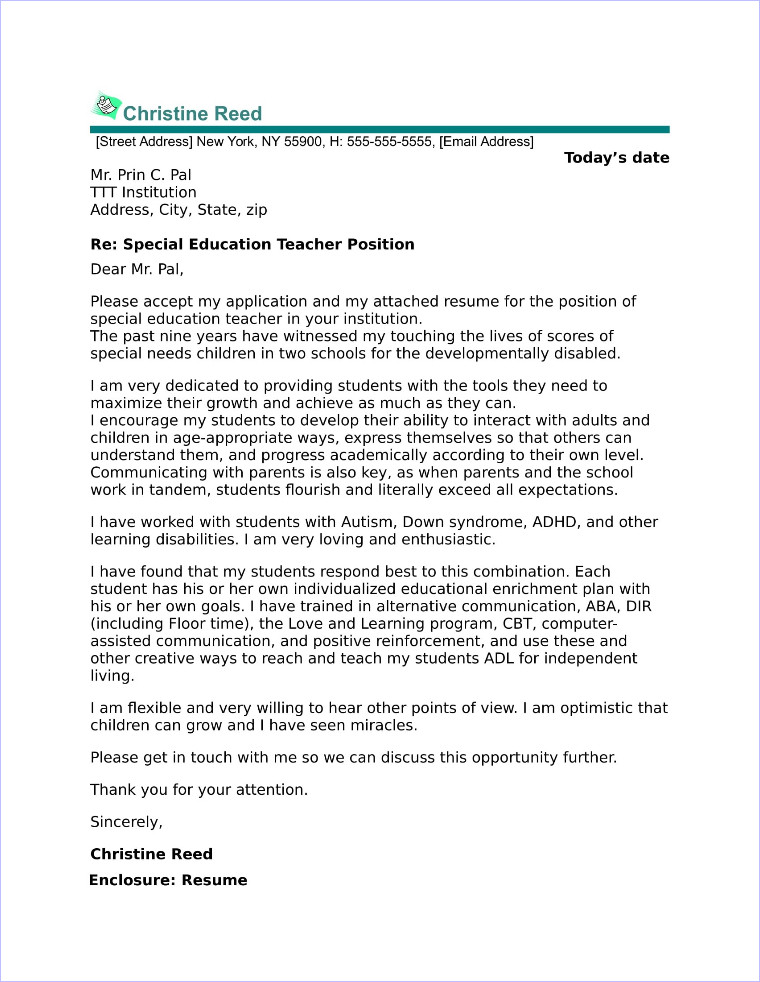 Sample Resume Cover Letter for Special Education Teacher Special Education Cover Letter Sample