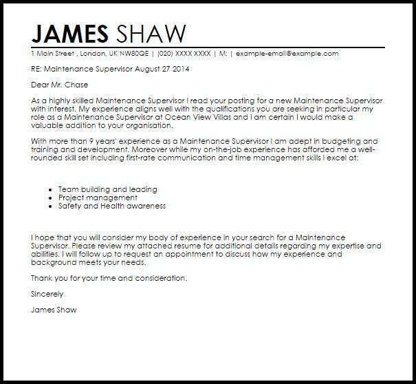 Sample Resume Cover Letter for Supervisor Position Maintenance Supervisor Cover Letter Sample