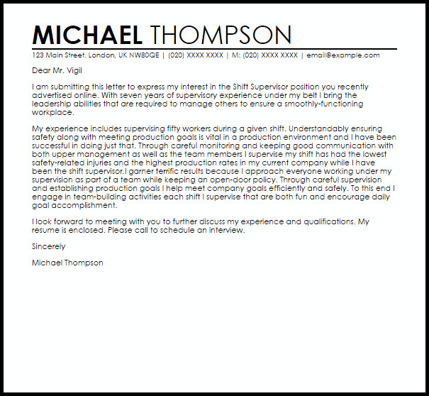 Sample Resume Cover Letter for Supervisor Position Shift Supervisor Cover Letter Sample