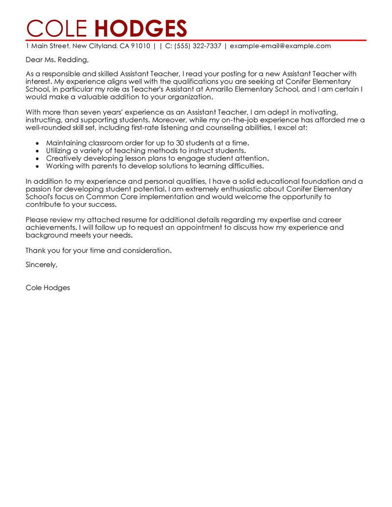 Sample Resume Cover Letter for Teacher assistant Leading Professional assistant Teacher Cover Letter