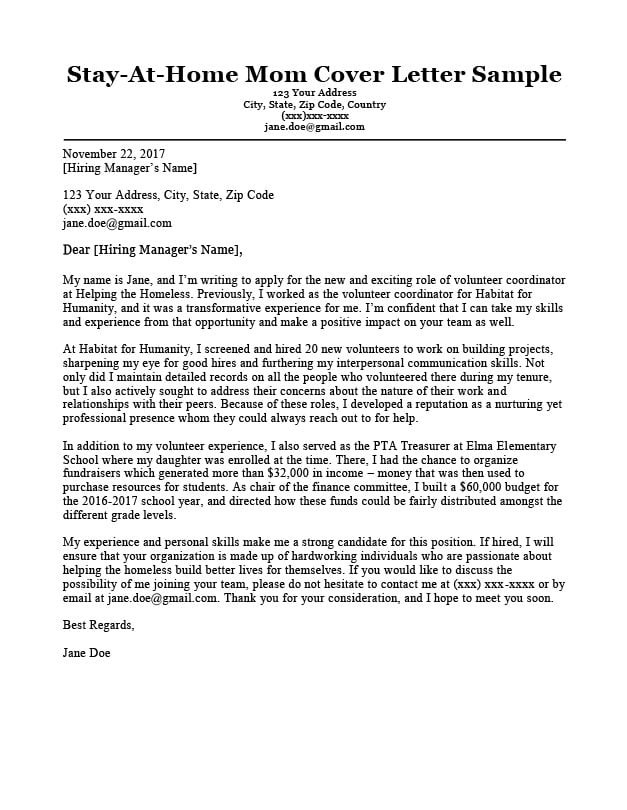 Sample Resume Cover Letter Stay at Home Mom Stay at Home Mom Cover Letter Sample