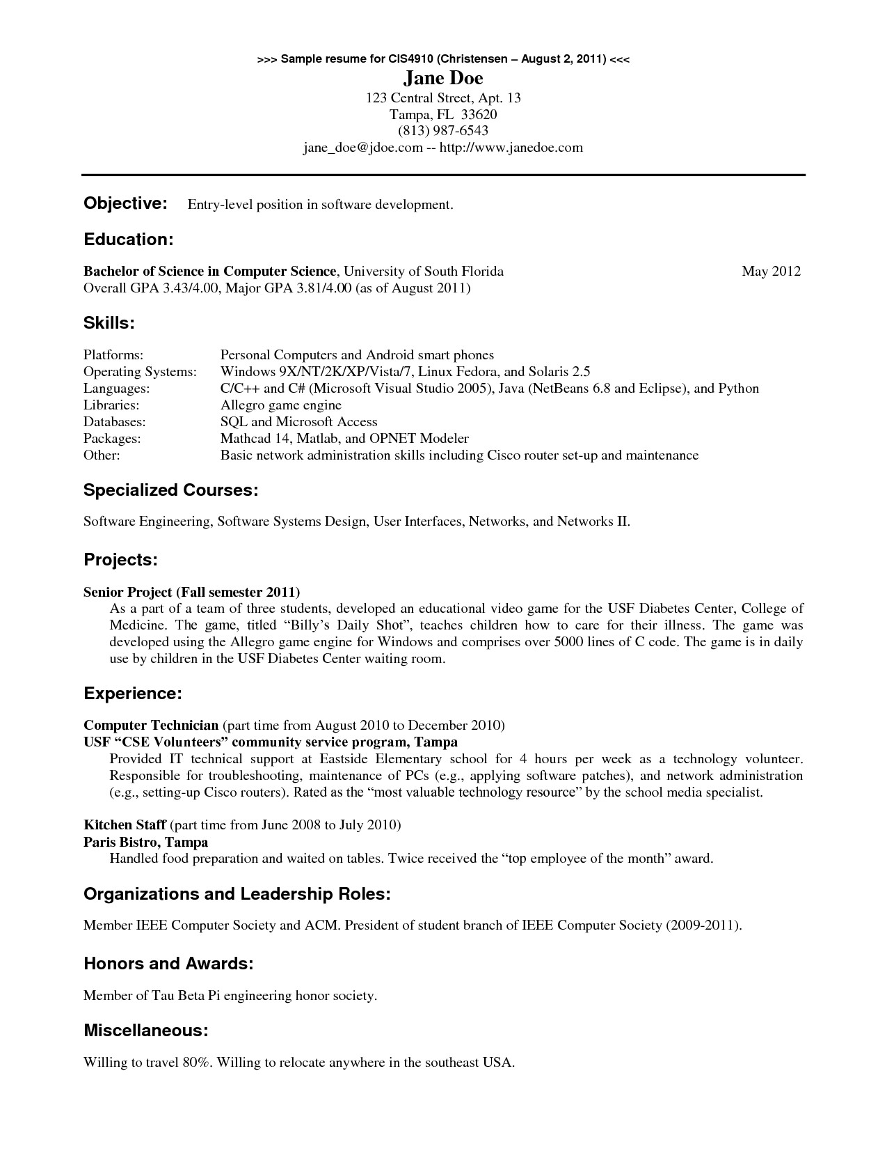 Sample Resume Entry Level Computer Science 12 13 Sample Puter Science Resume Lascazuelasphilly
