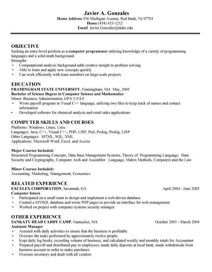 Sample Resume Entry Level Computer Science Puter Science Entry Level Resume Sample Resume Entry Level Computer Science Puter Science Entry Level Resume