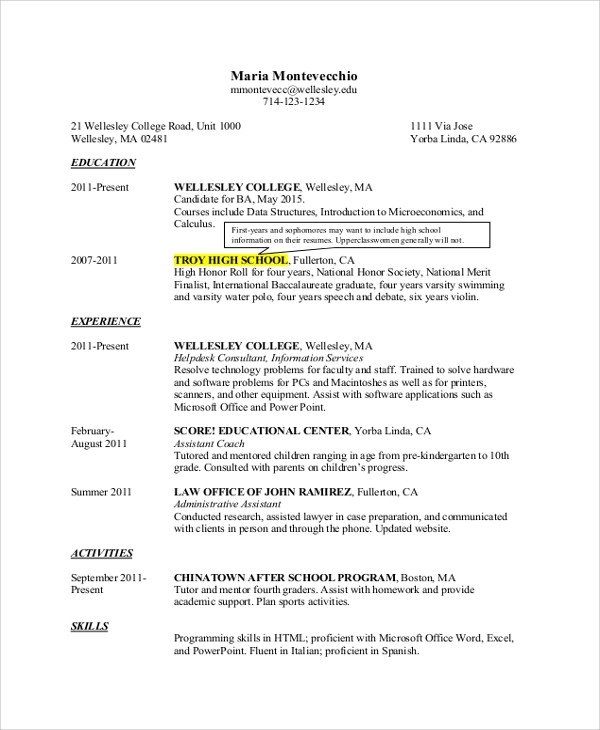 Sample Resume First Year College Student Free 8 College Resume Templates In Pdf