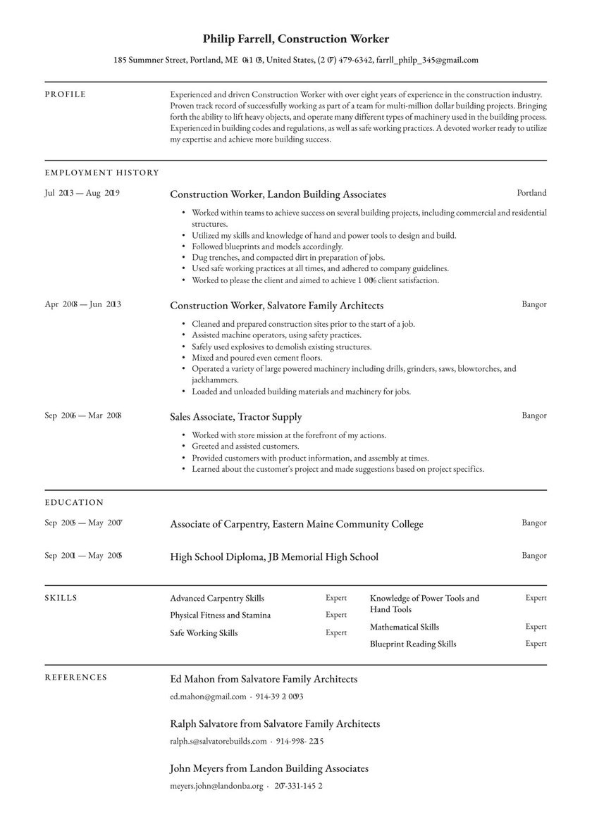 Sample Resume for Blue Collar Worker Construction Worker Resume Examples & Writing Tips 2021 (free Guide)