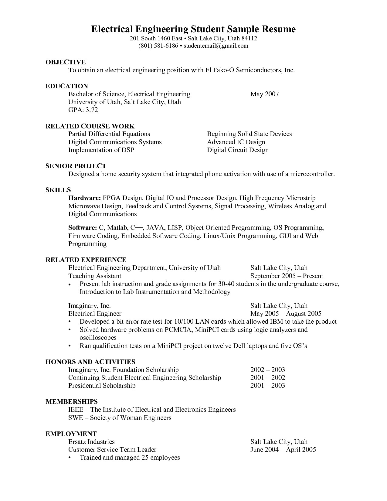 Sample Resume for Ece Engineering Students Electrical Engineering Student Resume
