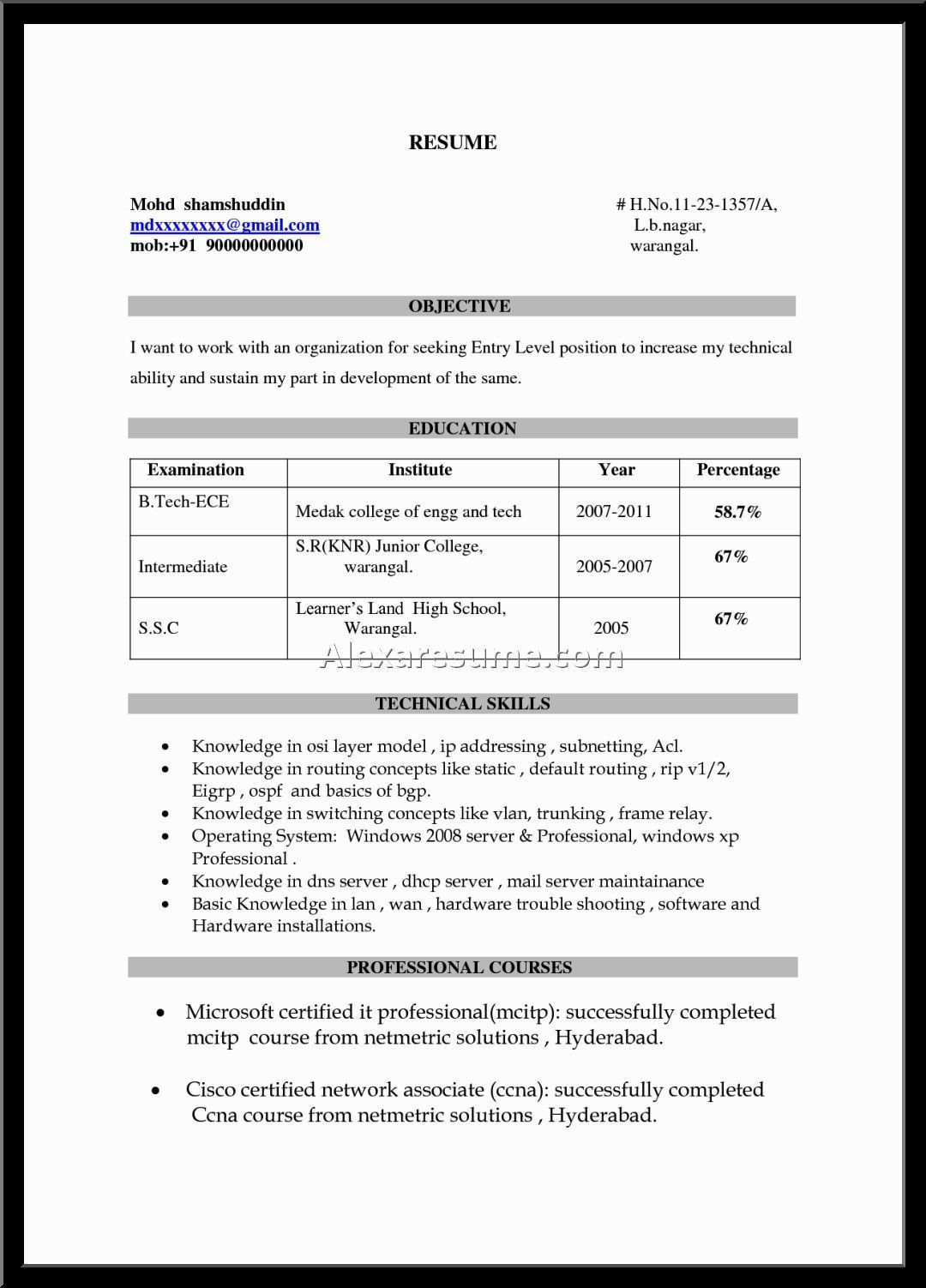 Sample Resume for Ece Engineering Students Resume format for Freshers Engineers Ece Scribd India