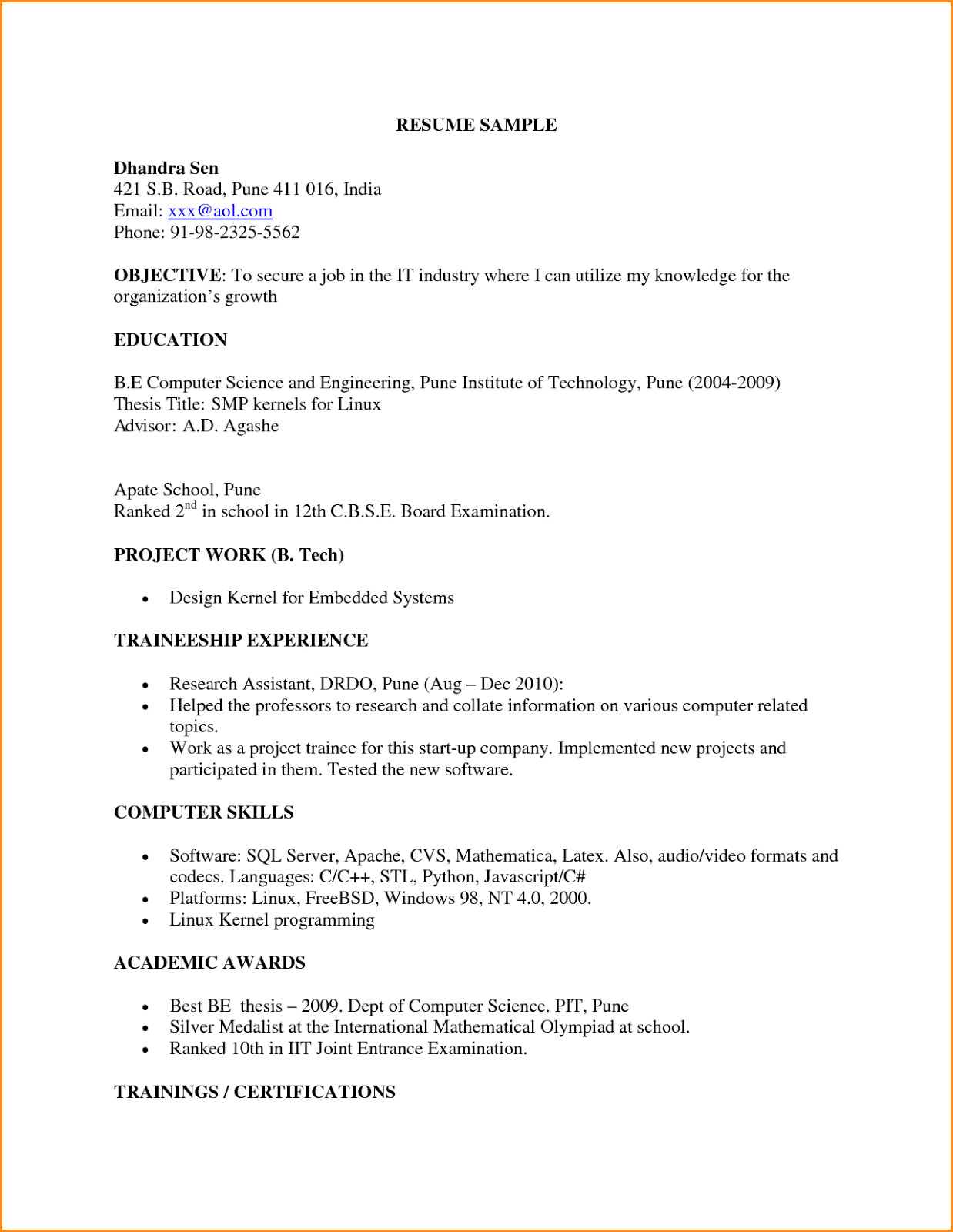 Sample Resume for Ece Engineering Students Resume format for Freshers Engineers Ece Scribd India