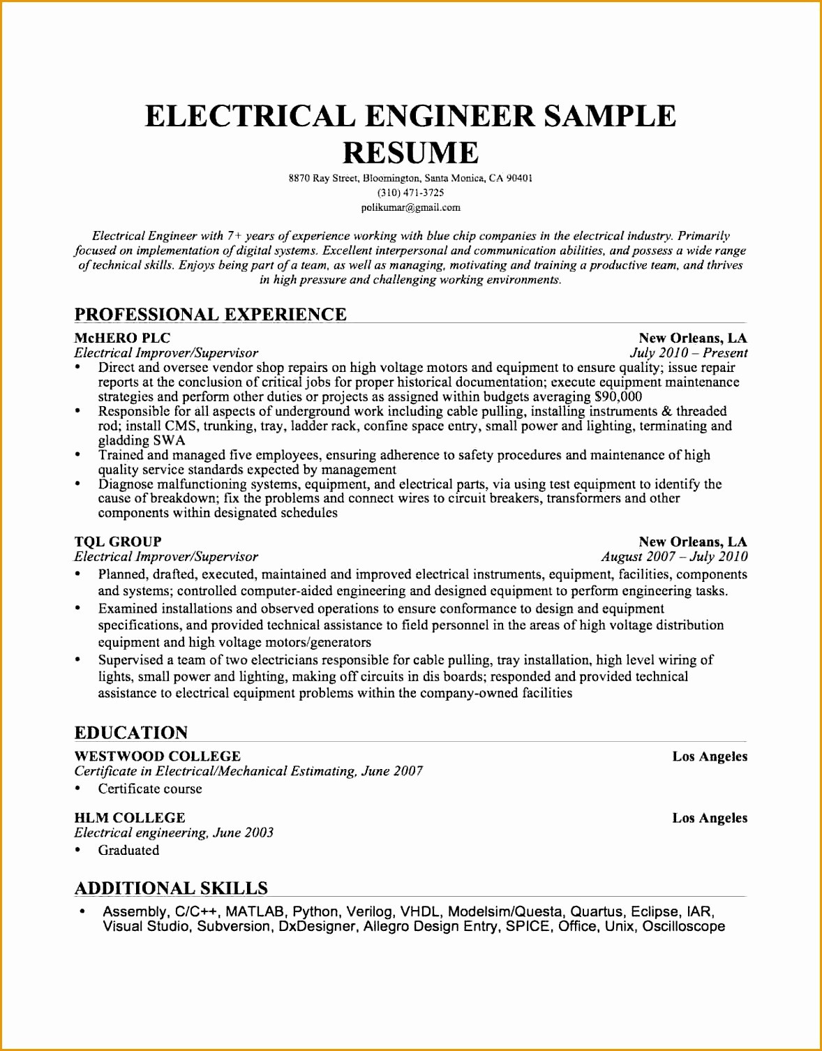Sample Resume for Electrical Engineer Fresh Graduate 8 Electrical Engineering Resume Example Sample Resume for Electrical Engineer Fresh Graduate 8 Electrical Engineering Resume Example