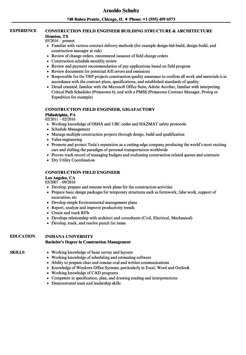 Sample Resume for Electrical Engineer In Construction Field Road Construction Engineer Resume December 2020