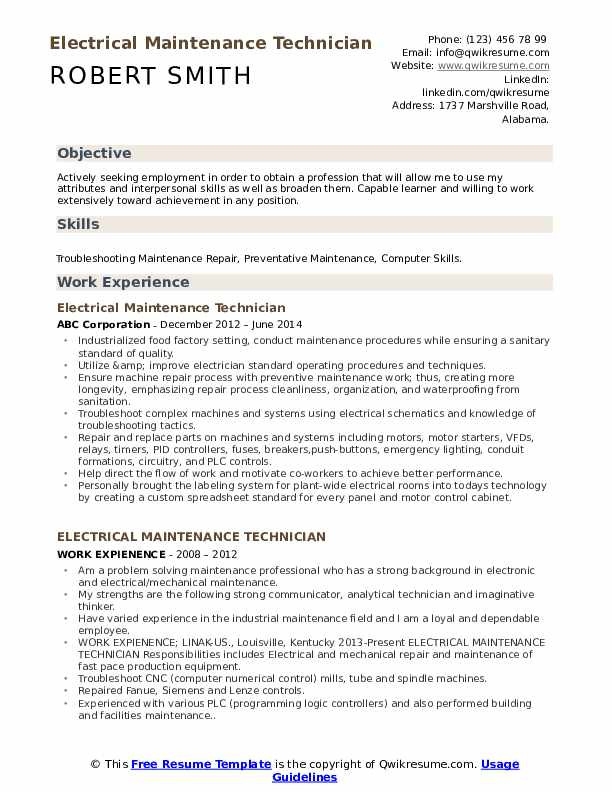Sample Resume for Electrical Maintenance Technician Pdf Electrical Maintenance Technician Resume Samples