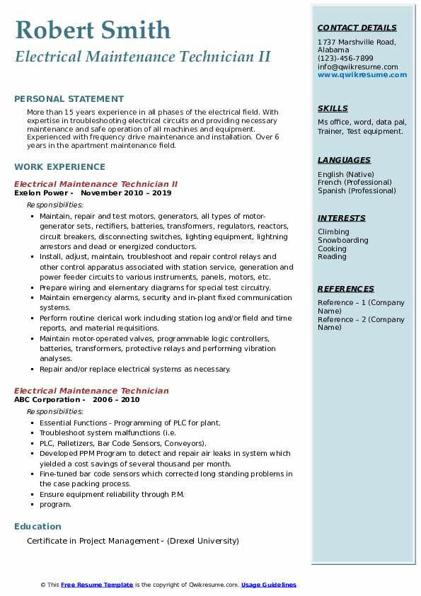 Sample Resume for Electrical Maintenance Technician Pdf Electrical Maintenance Technician Resume Samples