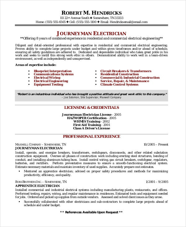 Sample Resume for Electrician In Maintenance Electrician Resume Template 5 Free Word Excel Pdf