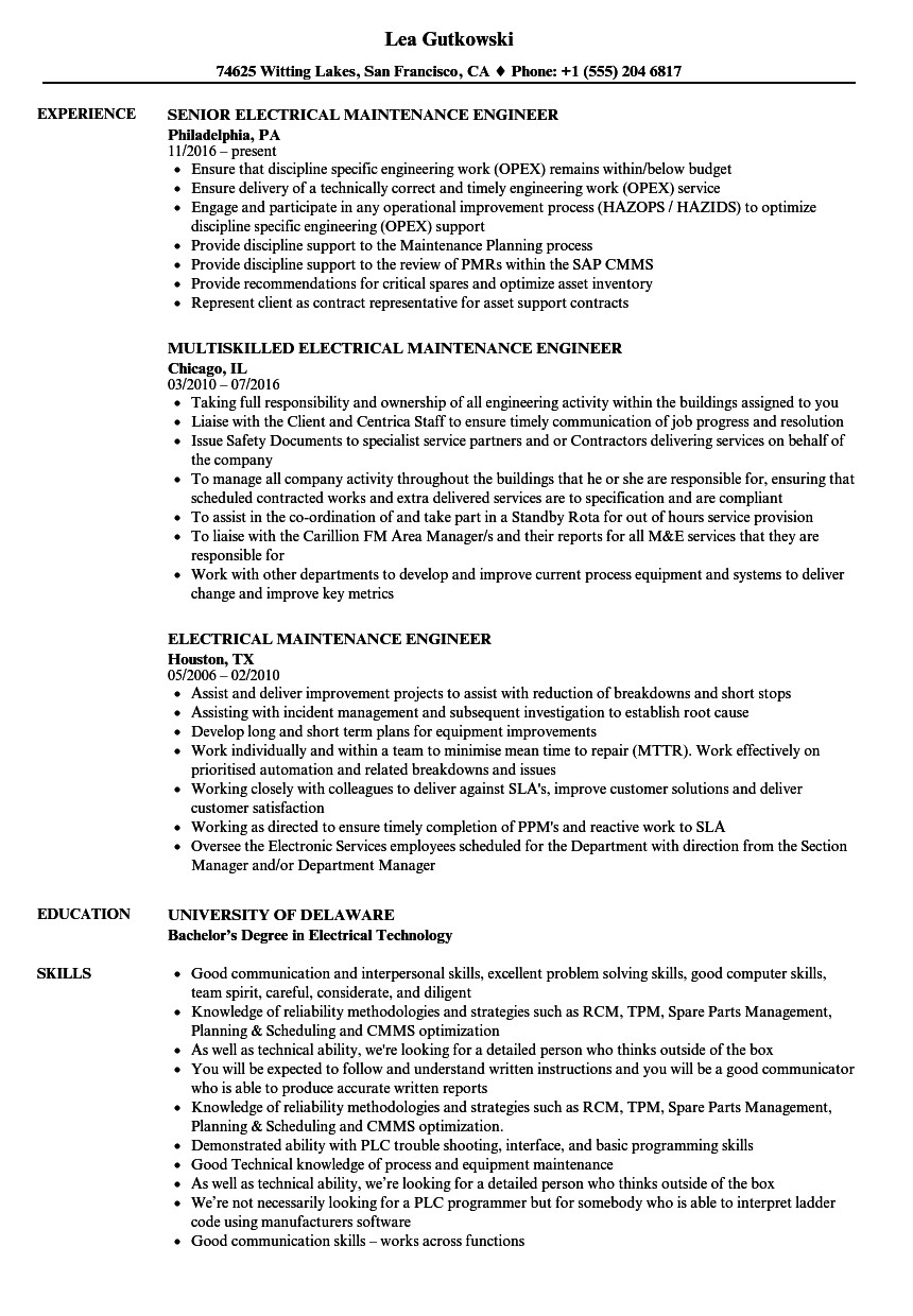 Sample Resume for Electrician In Maintenance Sample Resume Electrician Maintenance