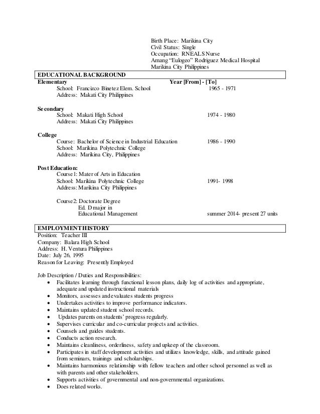 Sample Resume for Elementary Teachers In the Philippines Sample Resume Teachers Elementary Philippines