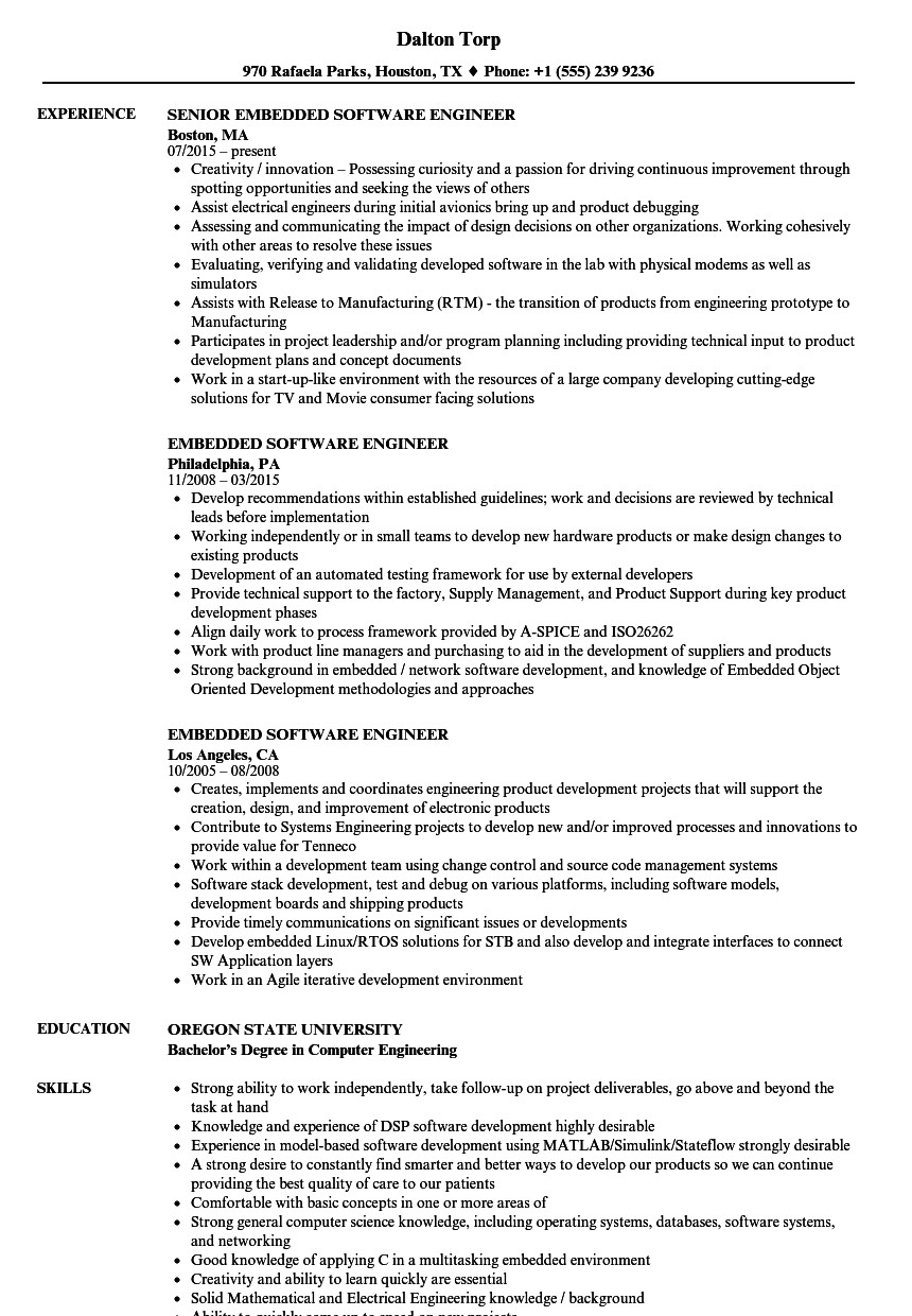 Sample Resume for Embedded software Engineer Embedded software Engineer Resume Samples