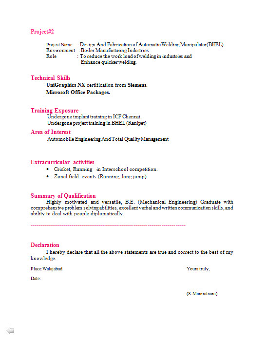Sample Resume for Engineering Students India Mechanical Engineer Cv format