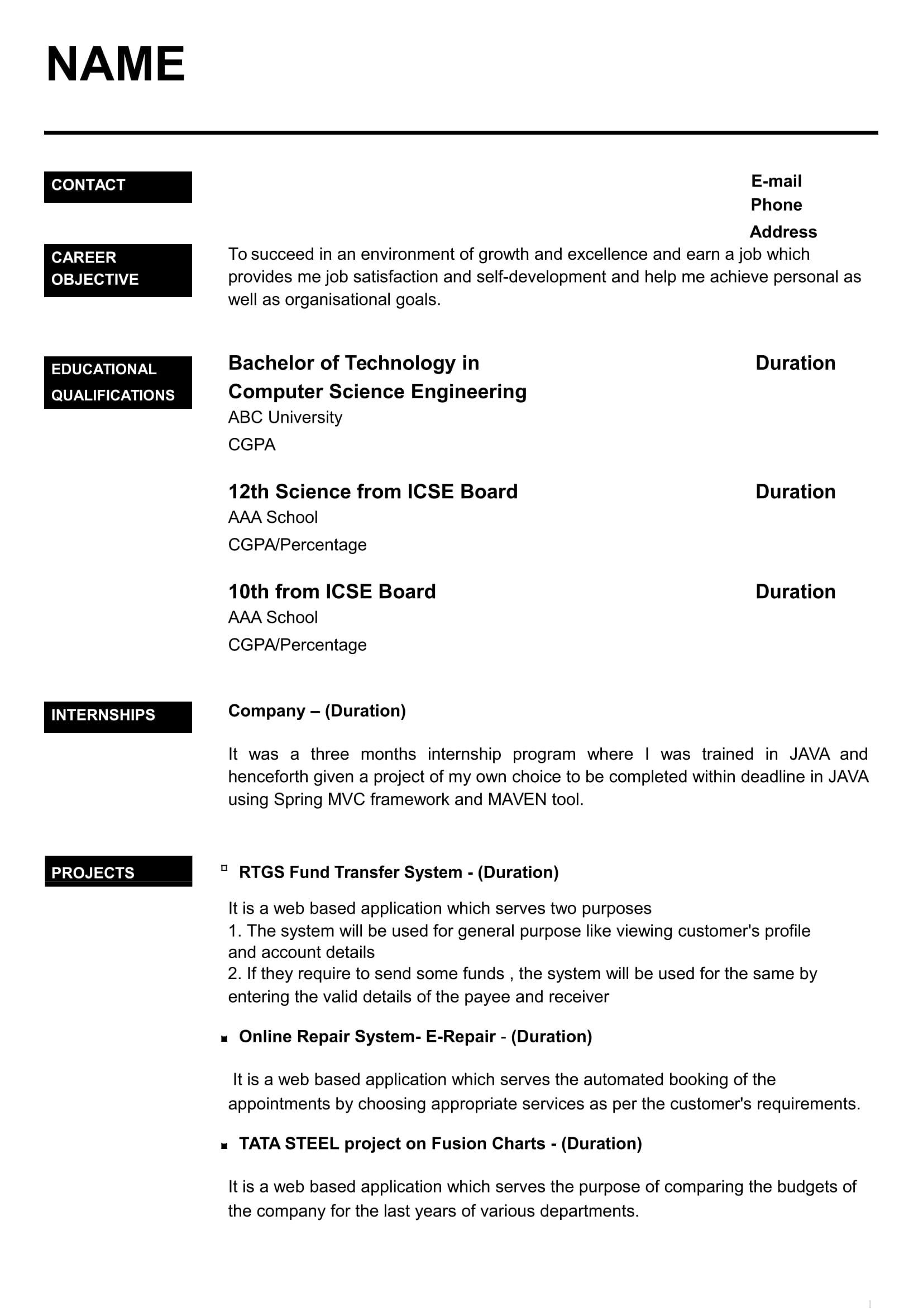 Sample Resume for Freshers Engineers Computer Science Download Cv for Freshers In Word – ‘google à¤¸à¤°à¥à¤’ Best Resume format …
