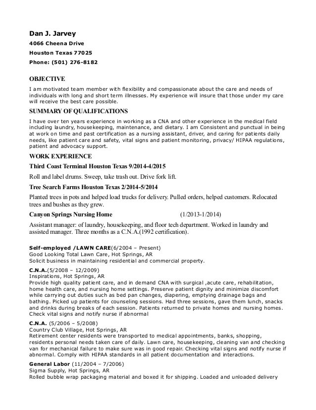 Sample Resume for Housekeeping In Nursing Home C N A Va Hospital Resume