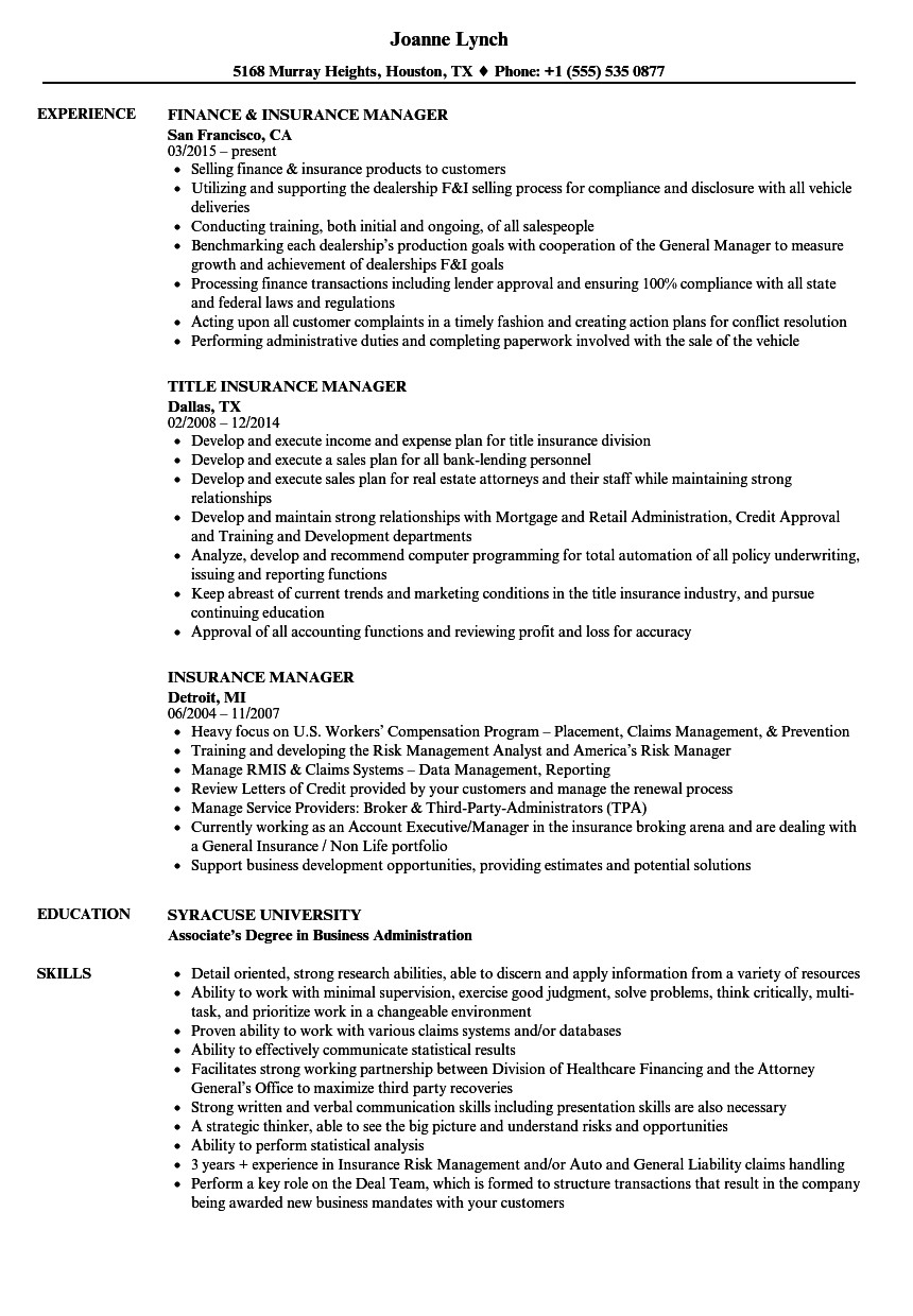 Sample Resume for Life Insurance Sales Manager Insurance Manager Resume Samples