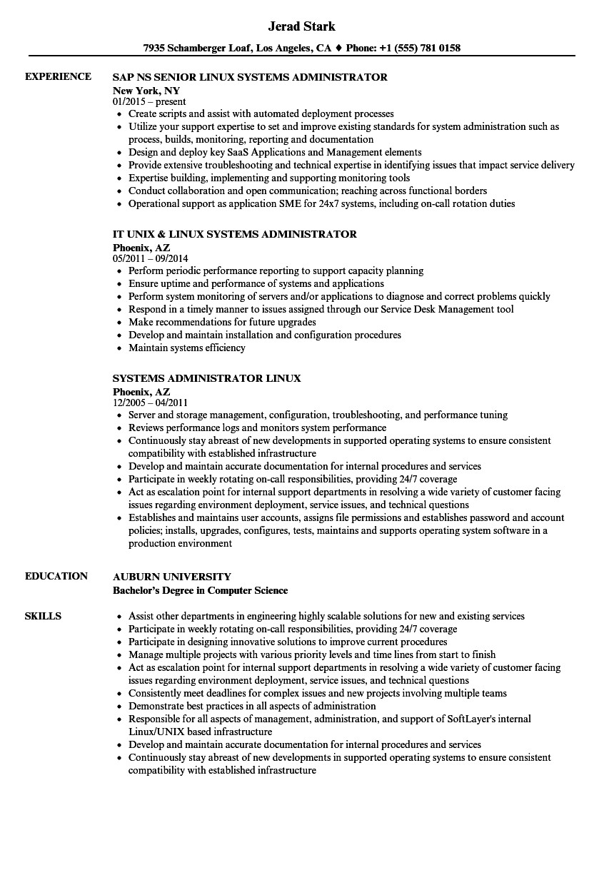 Sample Resume for Linux System Administrator Fresher Linux Systems Administrator Resume Samples Velvet Jobs