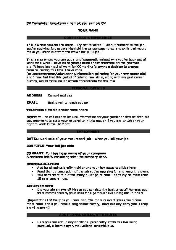 Sample Resume for Long Term Unemployed Doc Long Term Unemployed Cv Template totaljobs