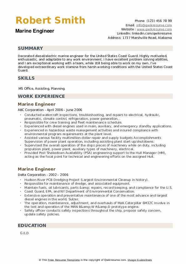 Sample Resume for Marine Engineering Apprenticeship Marine Engineer Resume Samples