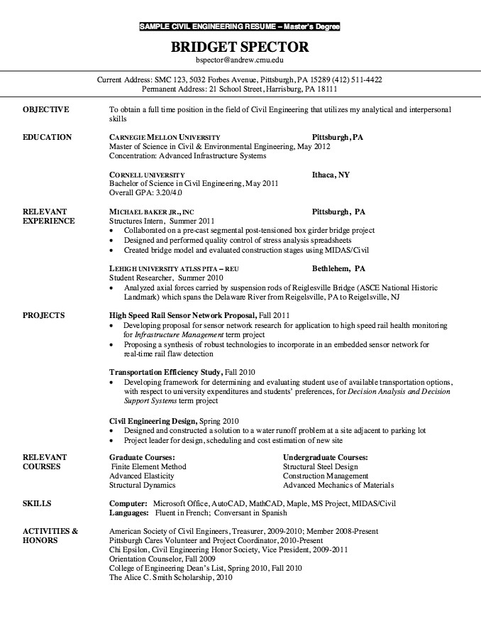 Sample Resume for Master Degree Application Resume for Master Degree Civil Engineering