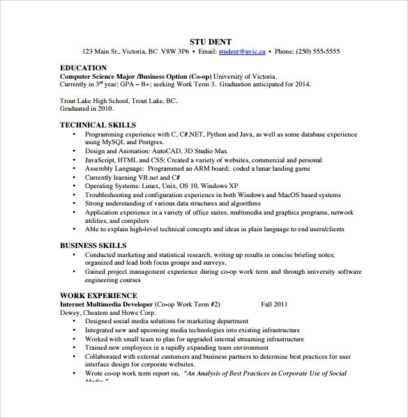 Sample Resume for Masters In Computer Science Free 11 Sample Puter Science Resume Templates In Pdf