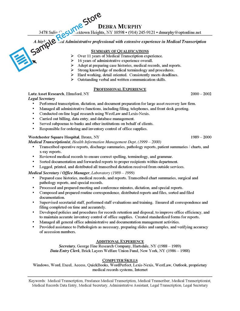 Sample Resume for Medical Transcriptionist with Experience Medical Transcriptionist Resume Samples