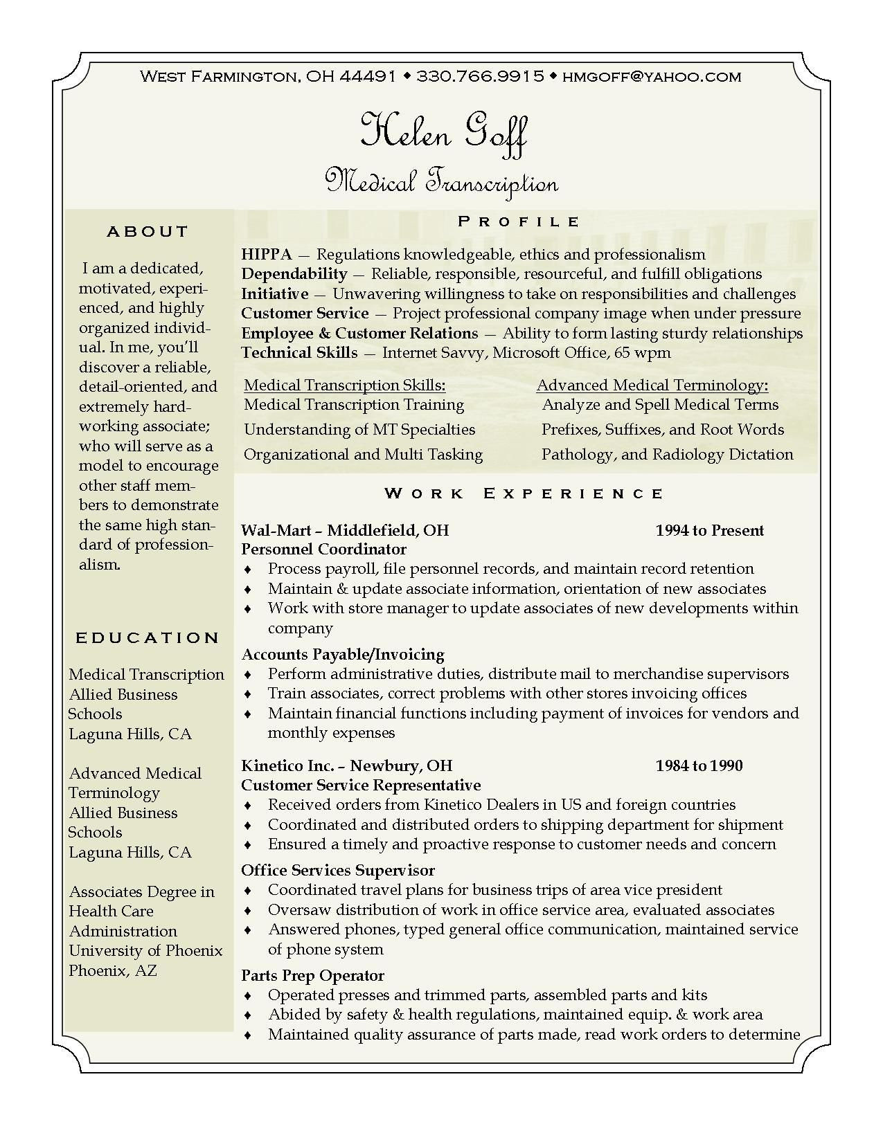 Sample Resume for Medical Transcriptionist with Experience Pin by Sara Catania (huck) On Medical Transcriptionist Products …