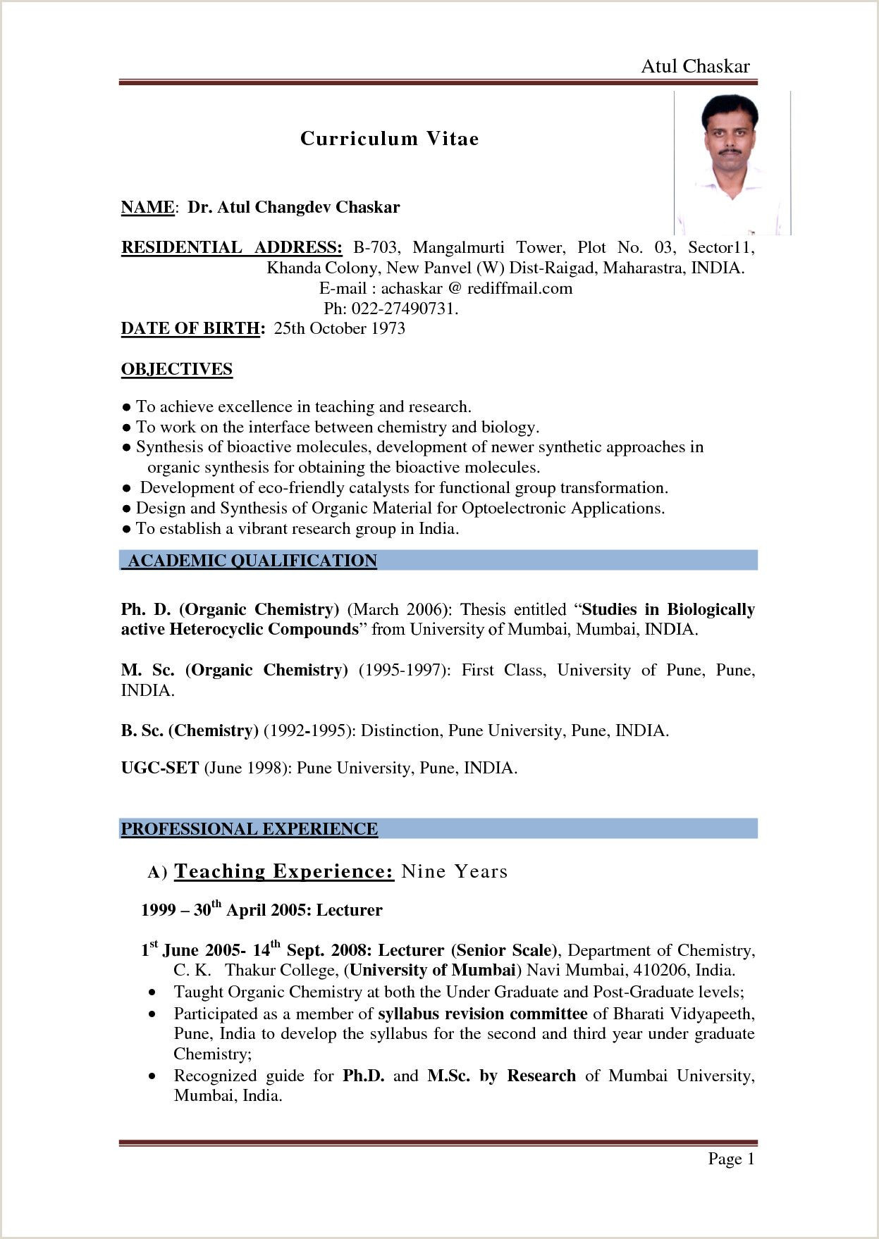 Sample Resume for Msc Chemistry Freshers Resume format for Freshers Bsc Chemistry