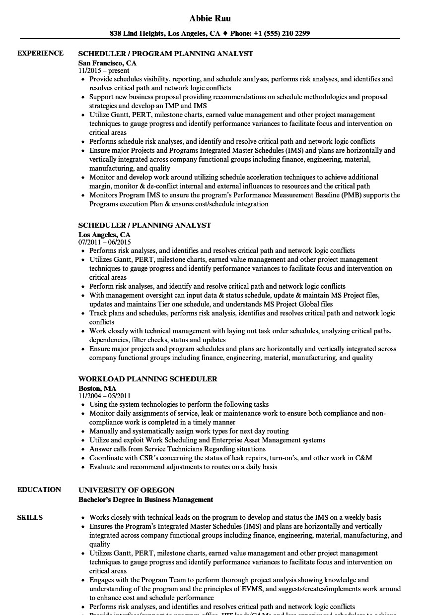 Sample Resume for Project Planner Scheduler Planning Scheduler Resume Samples