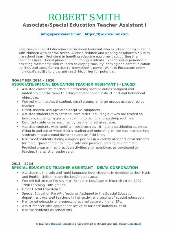 Sample Resume for Special Education Teacher assistant Special Education Teacher assistant Resume Samples