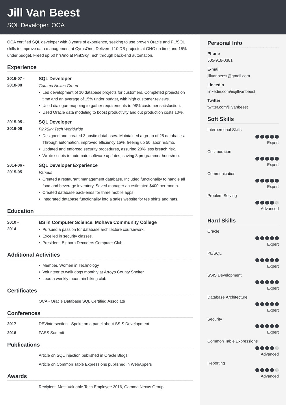Sample Resume for Sql Developer Experienced Sql Developer Resume Sample 20 Examples & Tips