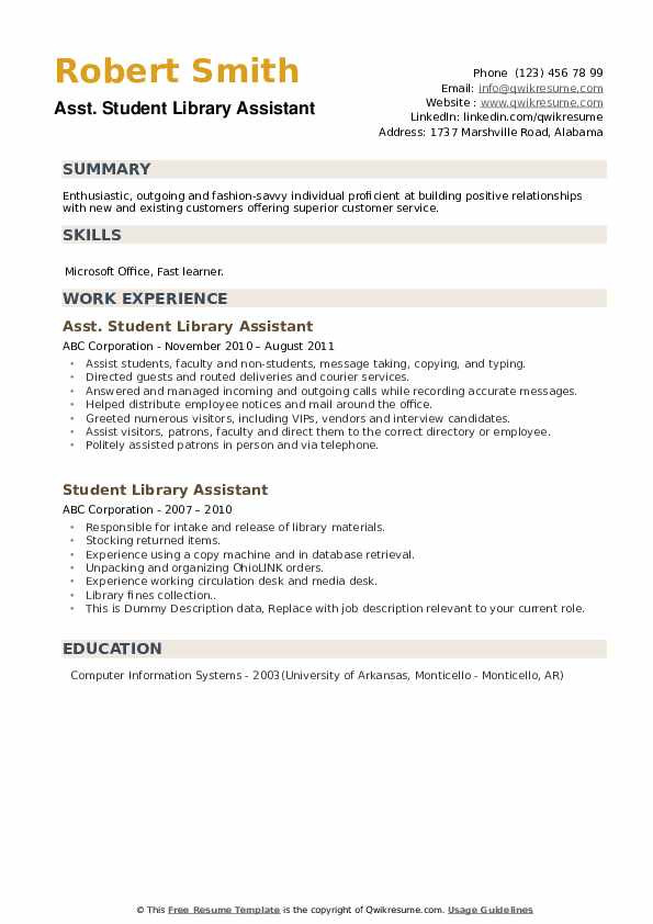 Sample Resume for Student Library assistant Student Library assistant Resume Samples