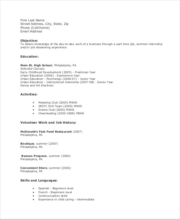 Sample Resume for Student Summer Job Free 8 Sample High School Resume Templates In Ms Word