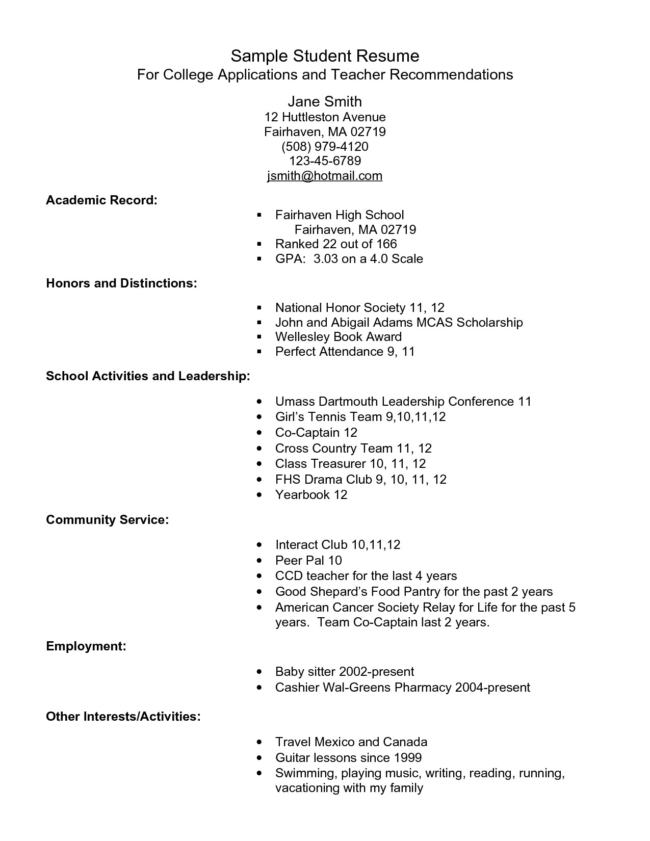 Sample Resume for Students Applying to University Example Resume for High School Students for College