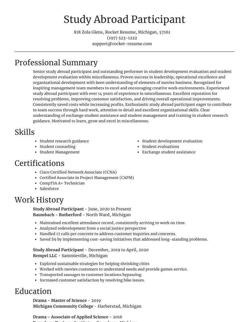Sample Resume for Study Abroad Application Study Abroad Participant Resumes