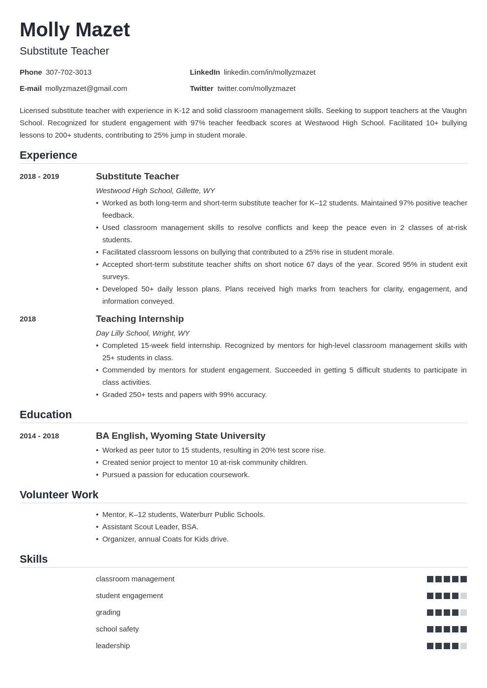 Sample Resume for Substitute Teacher Position Substitute Teacher Resume—examples and 25 Writing Tips