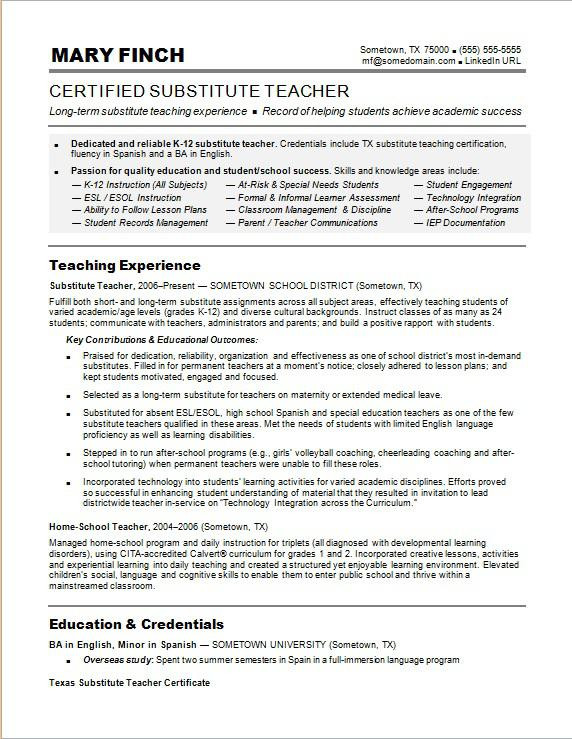 Sample Resume for Substitute Teacher Position Substitute Teacher Resume Sample Sample Resume for Substitute Teacher Position Substitute Teacher Resume Sample