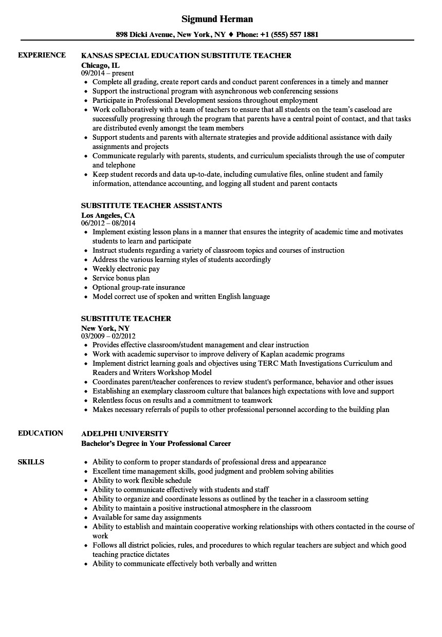 Sample Resume for Substitute Teacher Position Substitute Teaching Resume