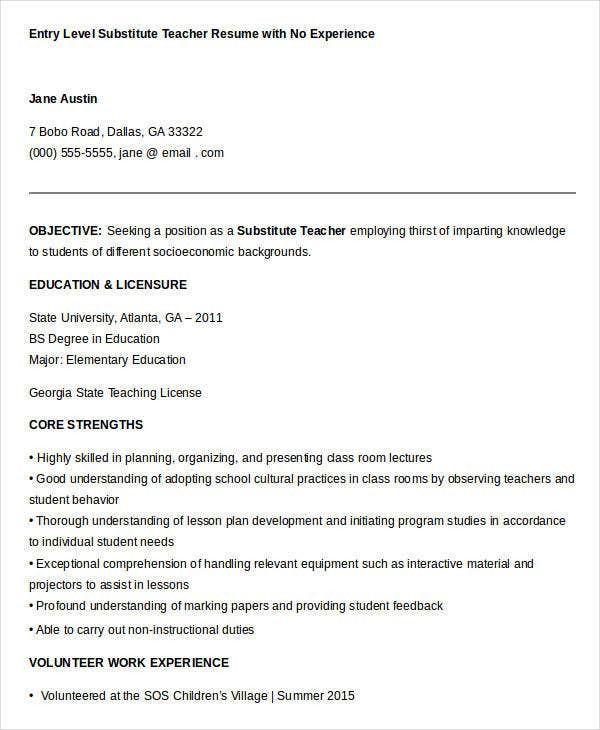Sample Resume for Substitute Teacher with No Experience Free Teacher Resume 40 Free Word Pdf Documents