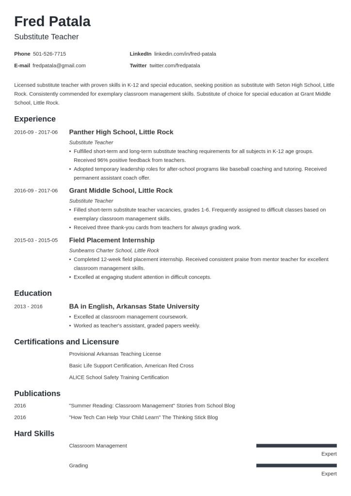 Sample Resume for Substitute Teacher with No Experience Substitute Teacher Resume with No Experience 2021